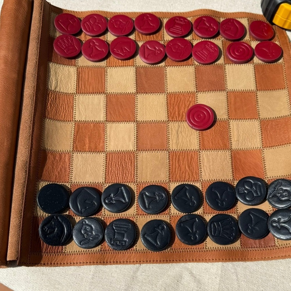 Vintage Leather Chess and Checkers Travel Game Set Roll Up Top Grain Tan Quality